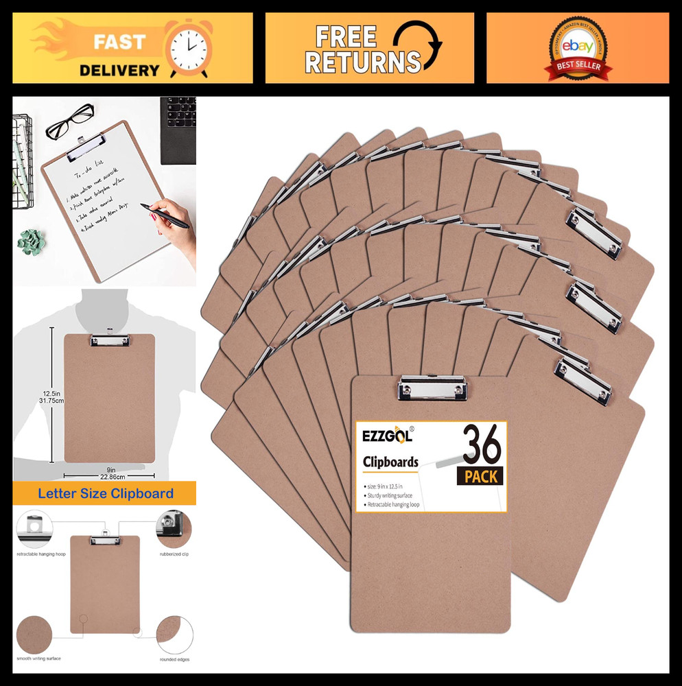 36 Pack Wood Clipboards Bulk, Letter Size Recycled Hardboard, Low Profile Clip f