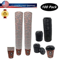 100 Pack Quality Disposable Paper Hot Coffee Tea Cups with Lids- 8oz USA SELLER
