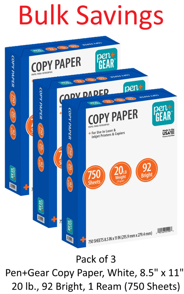 Pen+Gear Copy Paper, White, 8.5″ x 11″, 20 lb., 92 Bright, 750 Sheets x 3 Ream