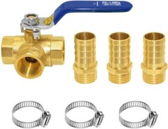 3 Way L-port Shut Off 1/2″G Thread Ball Valve with 1/2″ Hose Barb T Shaped Br…