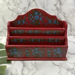 Vintage 90s Mail File Organizer Red Blue Floral Painted Wood India Desk Office