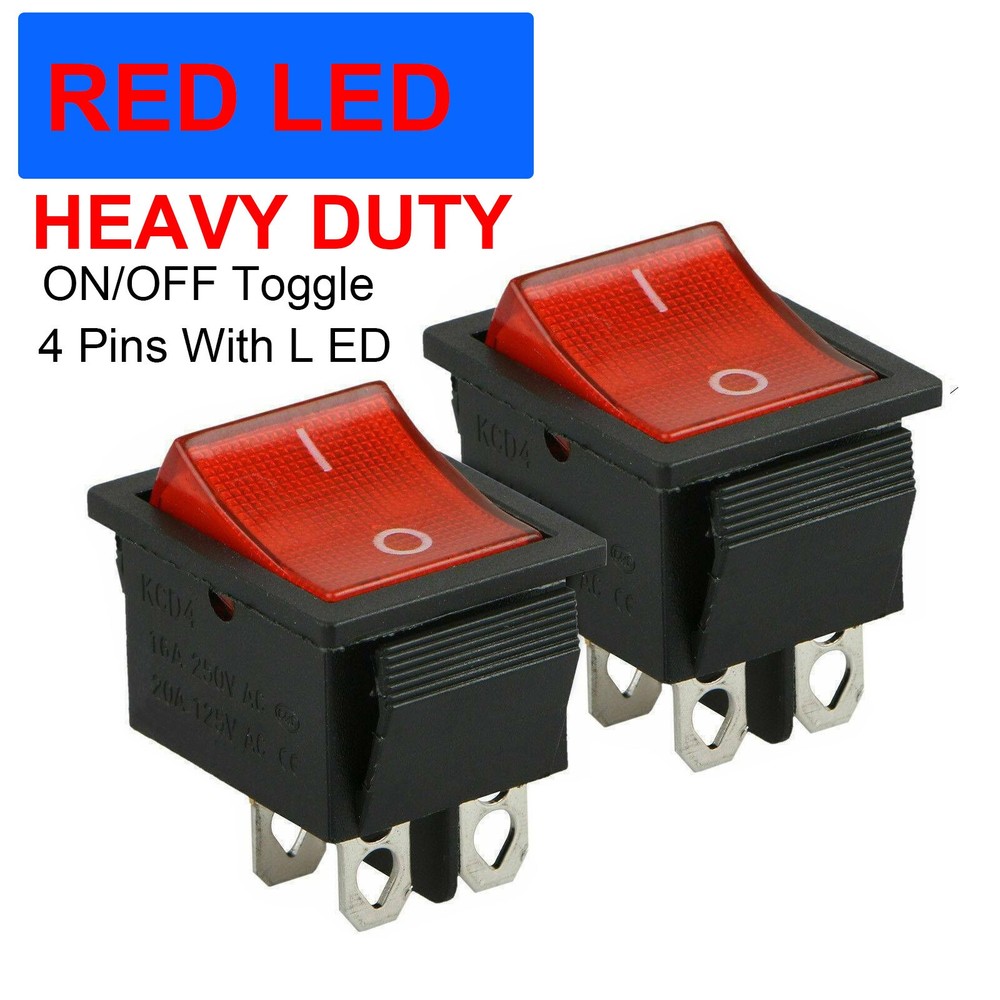 2X On/OFF Toggle Red Led Rocker Switch DPST 4 Pin Snap-In AC 16A/250V 20A/125V