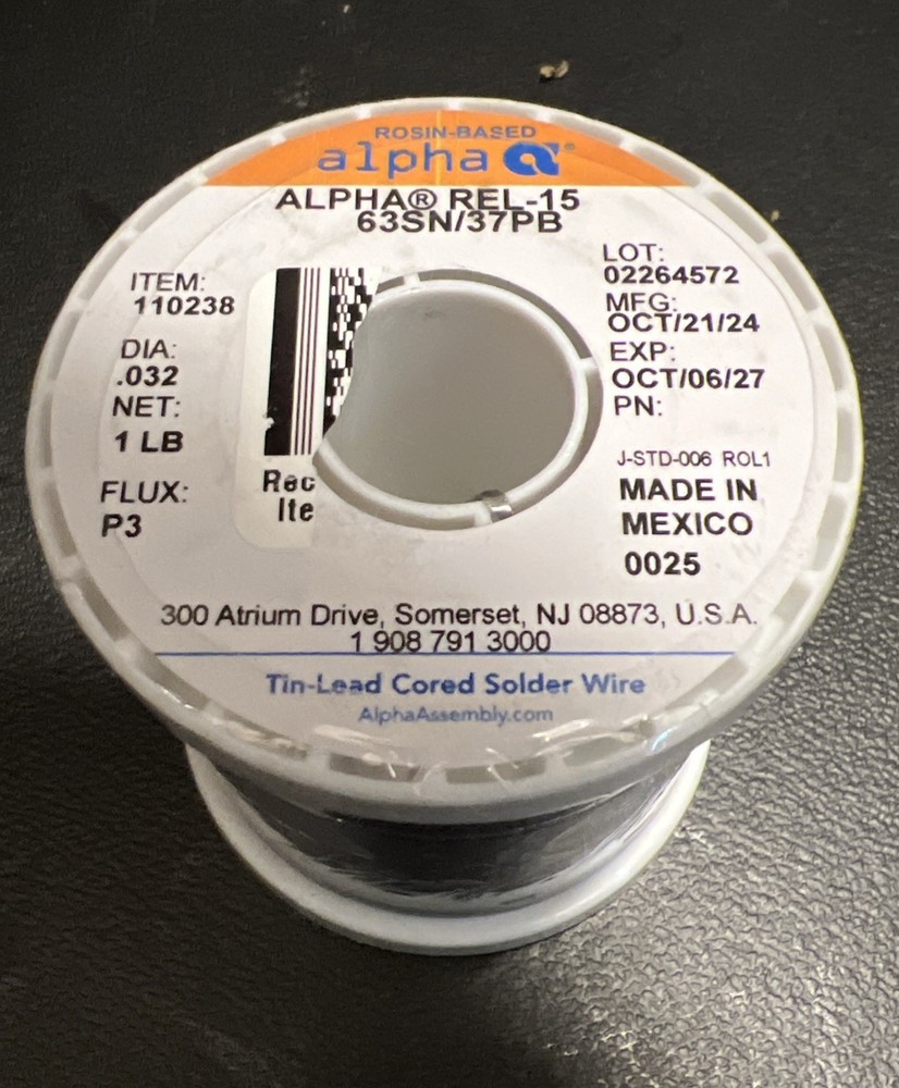 Alpha 110238 REL-15 63/37 Rosin Core Solder Wire .032” 1 lb Spool EXP 10/2027+
