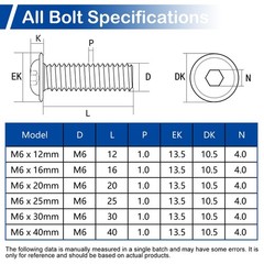 M6-1.0X 16mm 40Pcs Flanged Button Head Socket Cap Screws Bolts, 304 Stainless