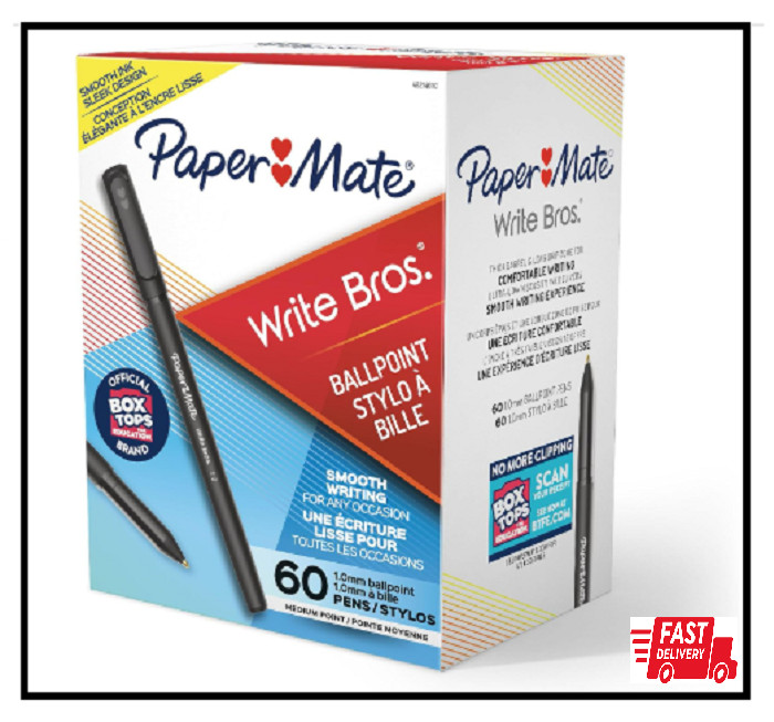 Paper Mate Ballpoint Pens, Write Bros. Black Ink Pens, Medium Point (1.0Mm), 60